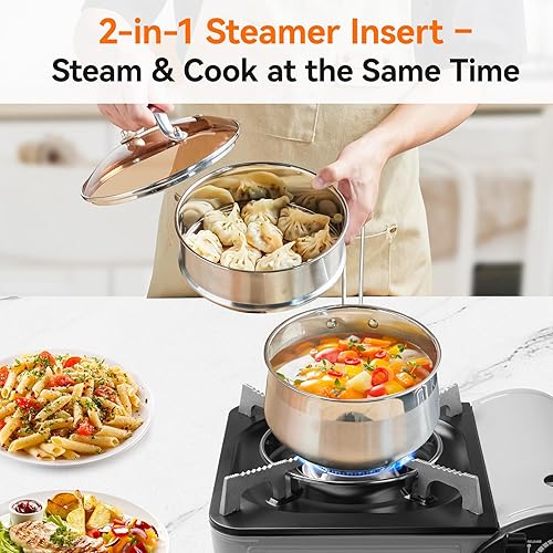 Miniatura 5 de WANGYUANJI Cacerola de acero inoxidable de 2.5 cuartos de galón con cesta de vapor, olla y vaporizador 2 en 1, base de tres capas, tapa de vidrio