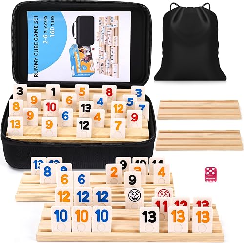 Rummy Cube 6 Player Edition with 6 Wooden Racks 160 Tiles Rummy Cube Game with Case 6 Players Travel Size Rummy Game Large Number Rummy Tiles Travel Game Set for Family Classic Board Games