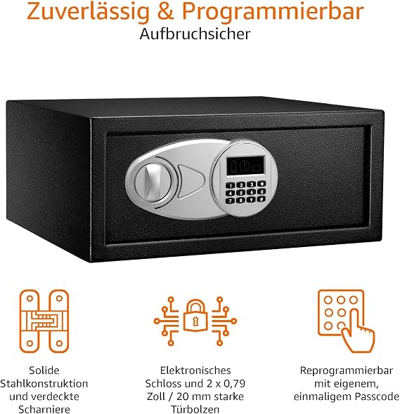 Amazon Basics Black Steel Home Security Safe with Digital Keypad Lock - Cash Jewellery ID Card Document Box 20L 43cm W x 37cm D x 18cm H