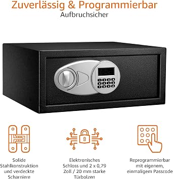 Amazon Basics Black Steel Home Security Safe with Digital Keypad Lock - Cash Jewellery ID Card Document Box 20L 43cm W x 37cm D x 18cm H