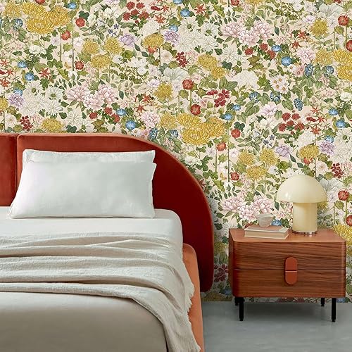 Miniatura 6 de Papel tapiz floral para despegar y pegar, papel de pared bohemio, extraíble, impermeable, verde/amarillo/rojo, papel de contacto para dormitorio,