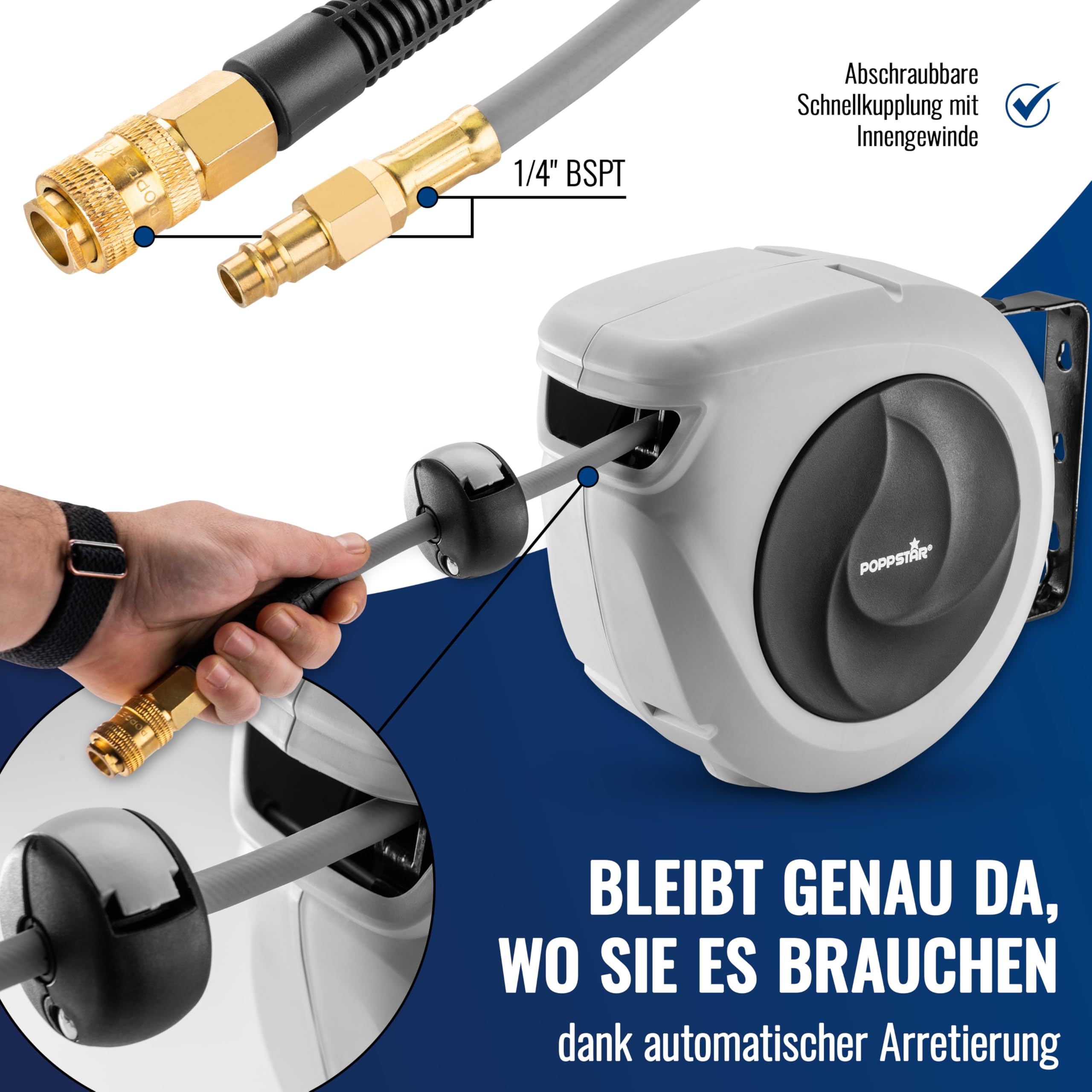 Poppstar Druckluftschlauchtrommel (10m+1m, Durchmesser 5/16" (8x12mm)) Schnellkupplung 1/4" BSPT, Schlauchtrommel mit Hybrid PVC Schlauch
