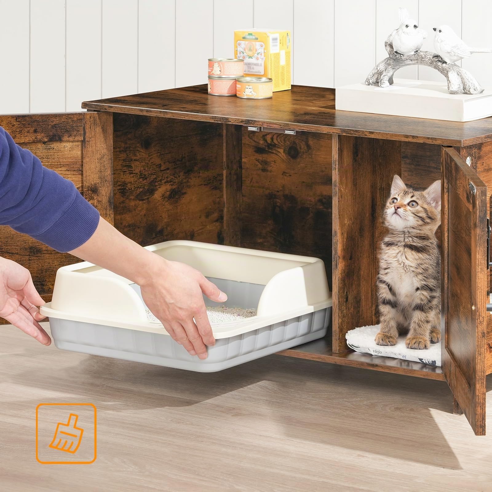 HOOBRO Casa para Gatos, Baño para Gatos con Dos Puertas y Estante Ajustable, Cajón de Arena, Amplia Entrada, Resistente Construcción, para Sala de Estar, Dormitorio, Entrada, Vintage EBF03MW01G1