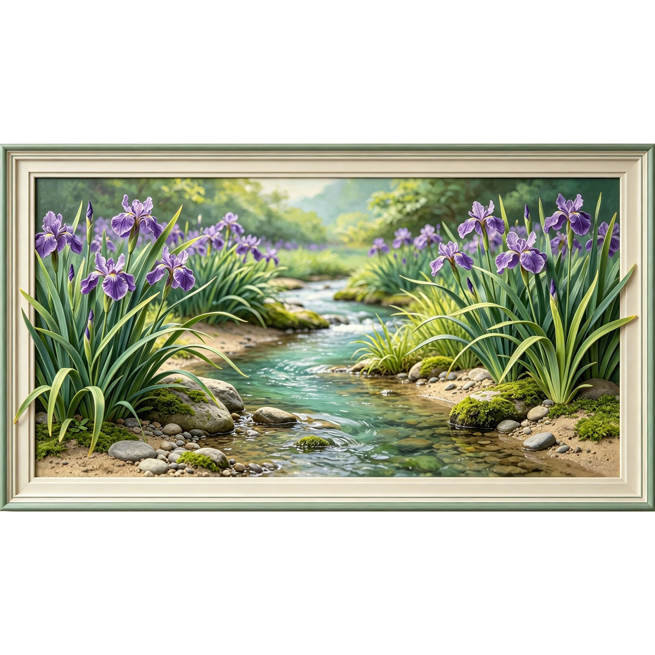 QZLITHOTIC 50x90cm3D Framed Wall Art， Botanical Mountain Stream with Purple Iris Flowers Self‑Adhesive Mural， Water‑Activated Peel & Stick Fabric Decor Wall Decal for Bedroom Living Room
