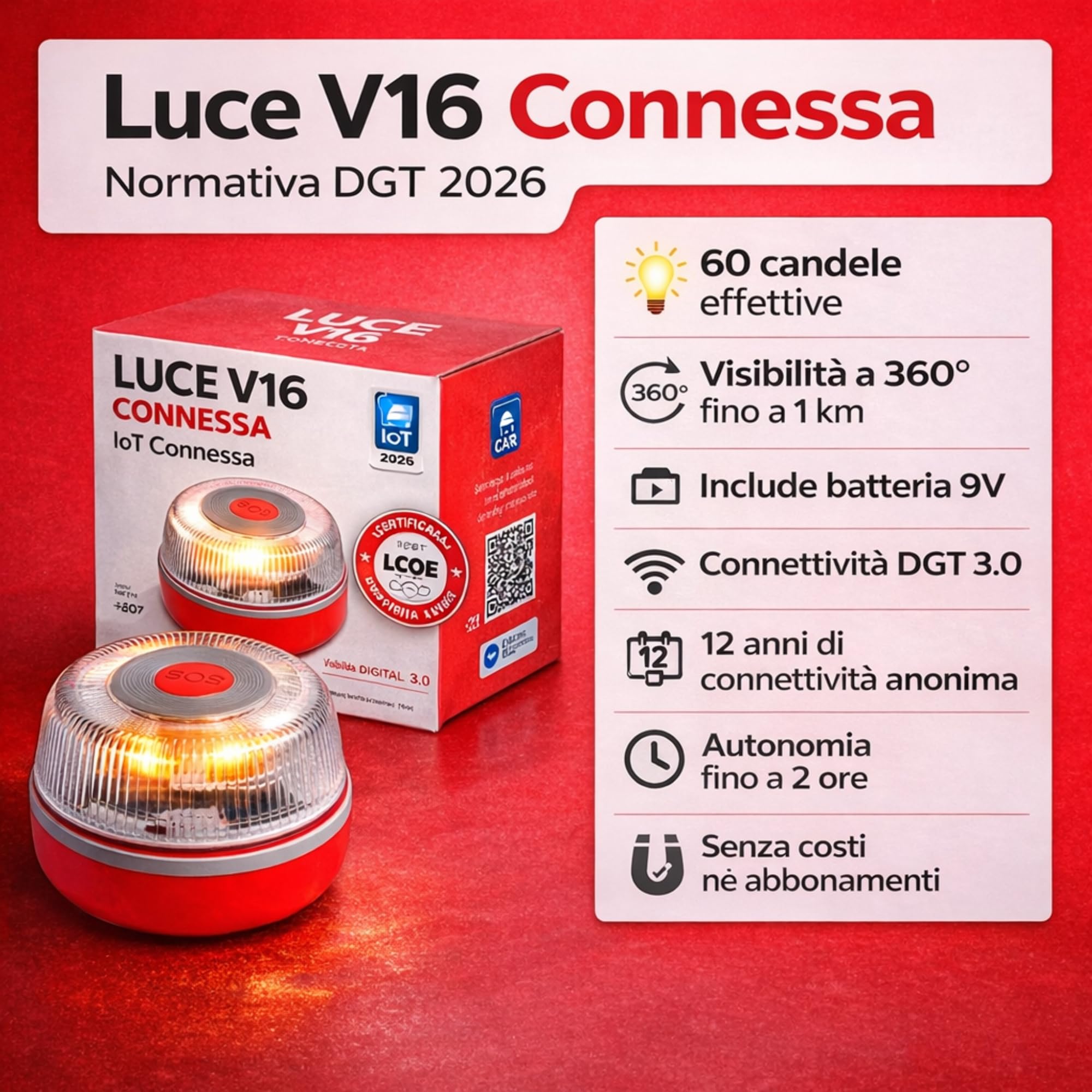 baliza v16 omologata spagna DGT 3.0 con Geolocalizzazione - Dispositivo Luminoso V16 Lampeggiante per Emergenza Auto - Faro Omologato Spagna - Luce di Emergenza
