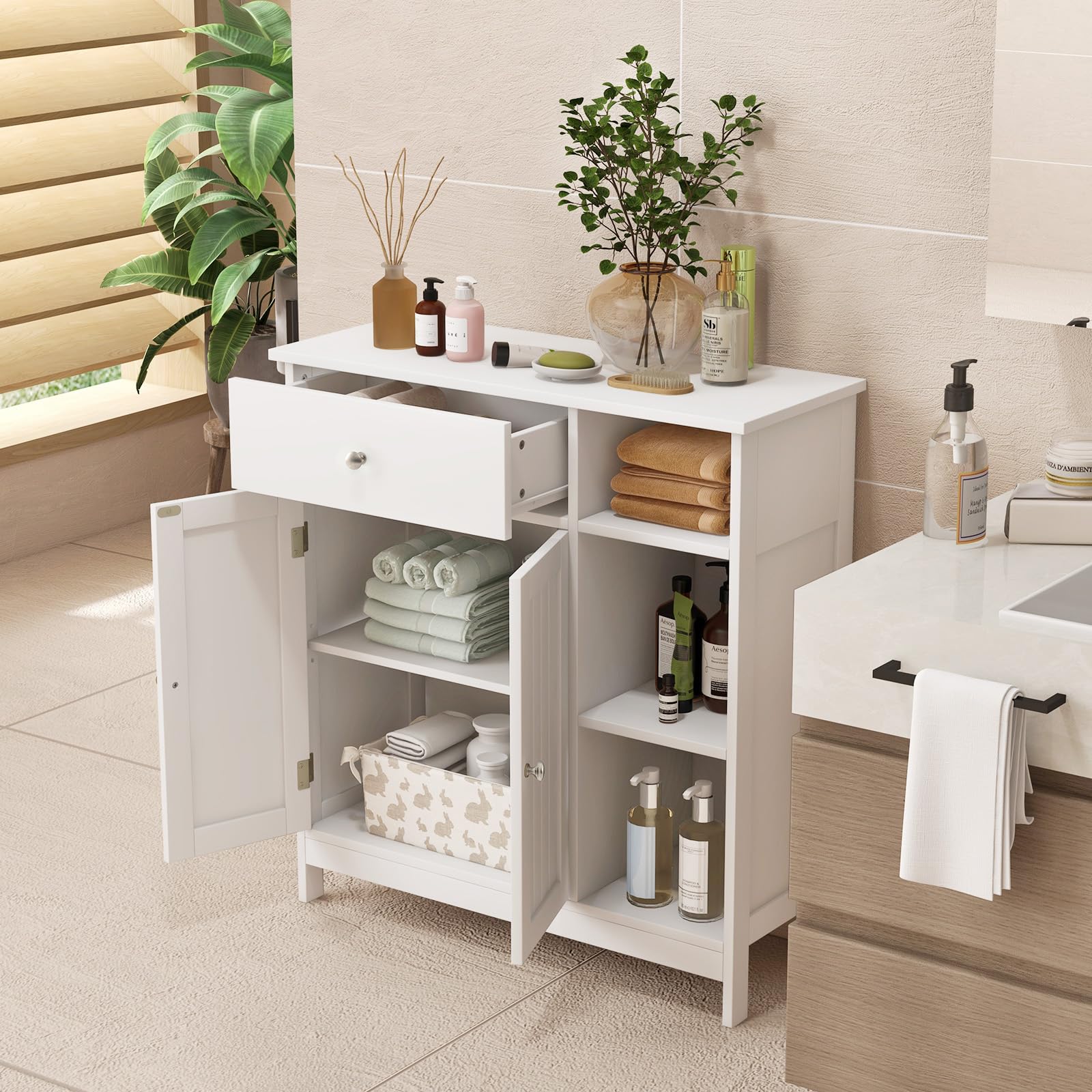 Meuble Salle De Bain Rangement 75x30x80cm Gris - Armoire Avec Tiroir, Etagère Réglable Et 3 Compartiments