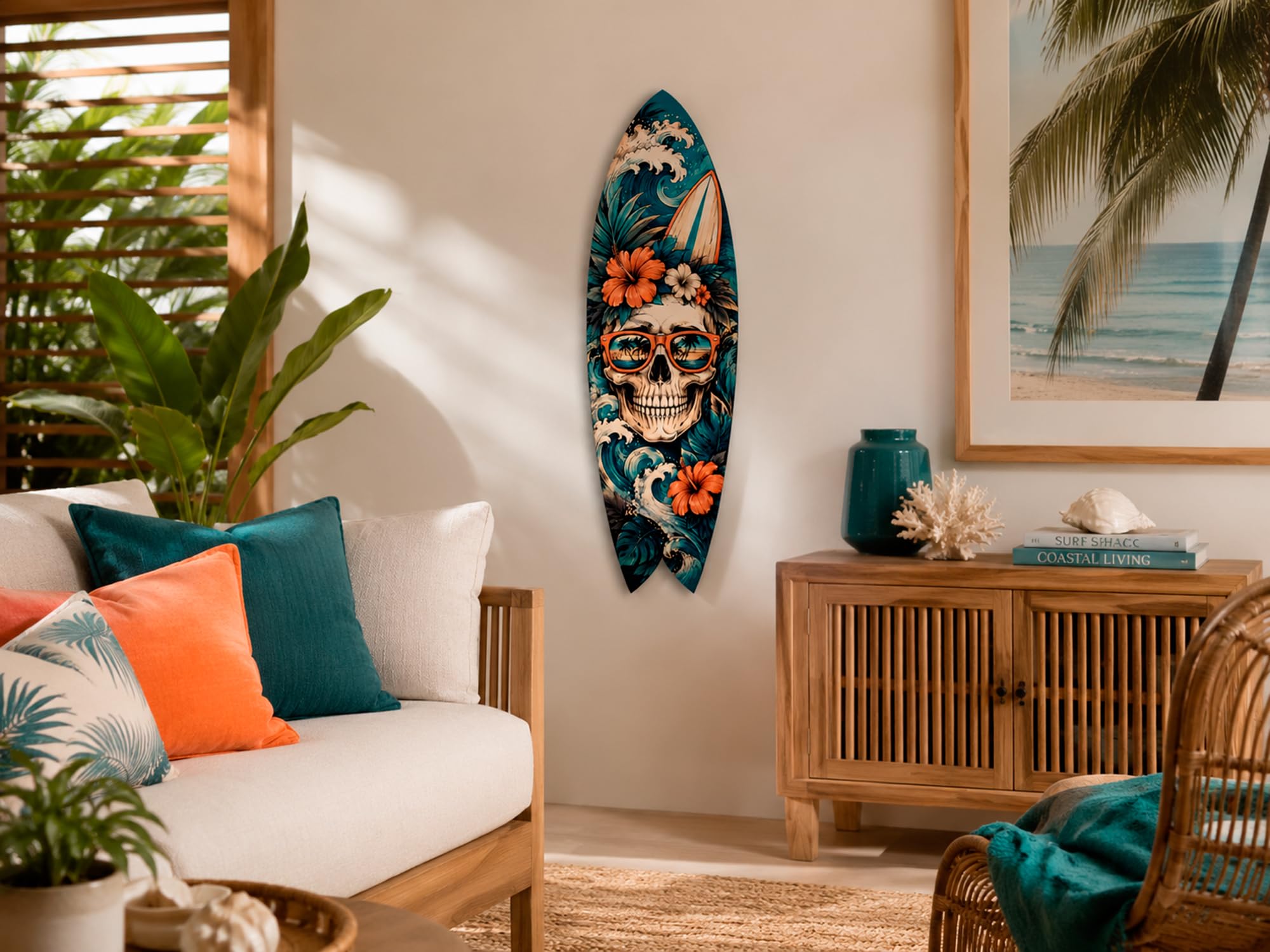 DECLINA – Planche Surf Déco Skull Tropical – Décoration Murale – Impression HD sur Aluminium Dibond – 100 x 30 cm – Fabrication Française