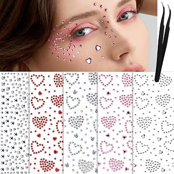 YGDZ Face Gems 5 أوراق جواهر الشعر، ملصقات مجوهرات الوجه ذاتية اللصق، جواهر الوجه لمهرجان القلب، عصا على، ملصقات حجر الراين للوجه، العين، ماكياج، اكسسوارات الهذيان للأطفال، النساء