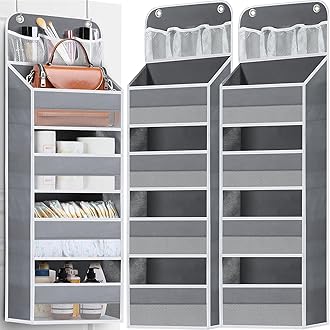 2 Pack Over The Door Organizer, Hanging Storage Organization with Large Capacity Pockets, Swing-Proof Behind Door Storage Shelf for Kicthen Bedroom Nursery Kids Toys Shoes, Grey