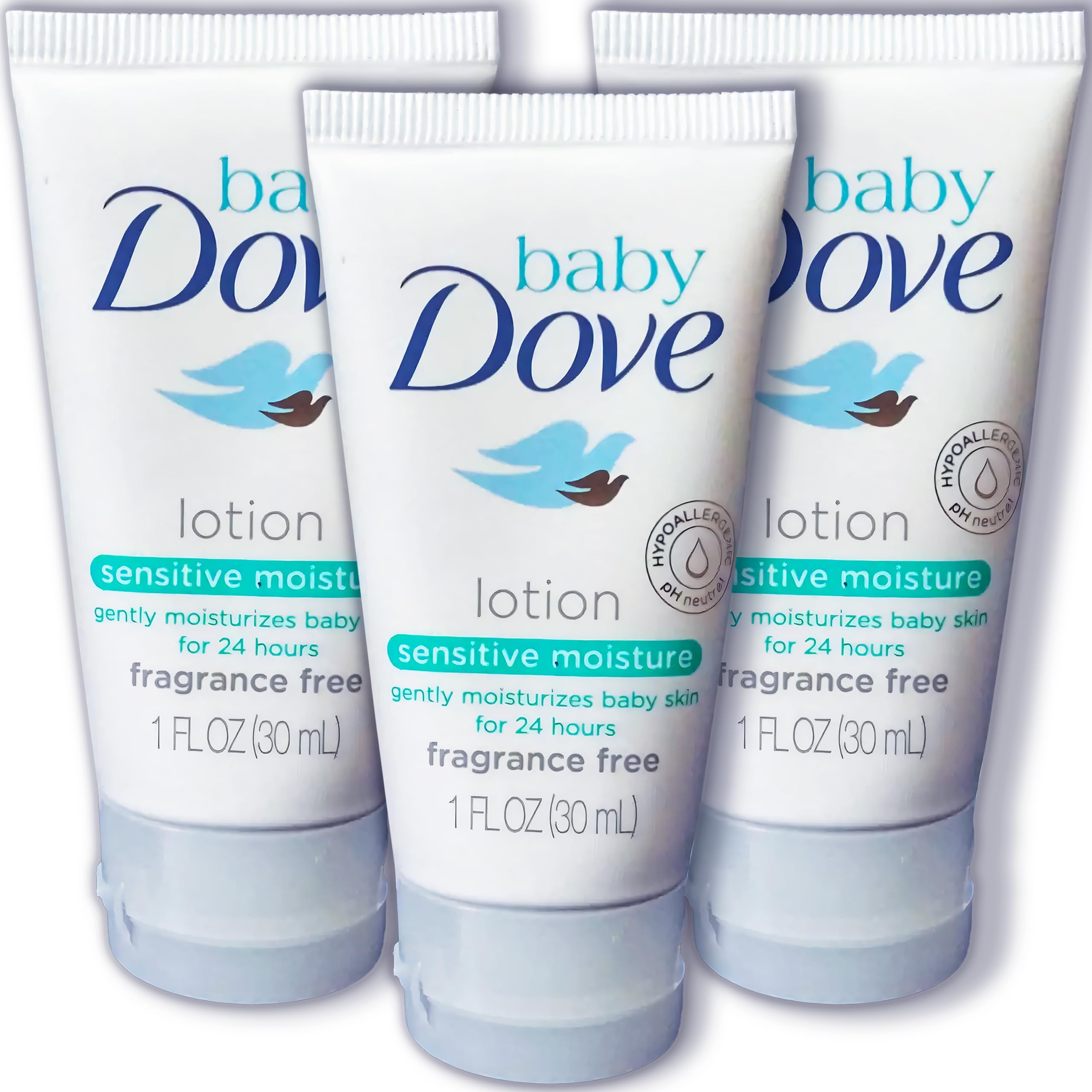 Baby DoveSensitive Moisture Baby Lotion, 3 Pk Hypoallergenic Fragrance-Free for Sensitive Skin, Moisturizing Unscented Baby Lotion, Safe 4 Newborns Travel Size 1oz Ea