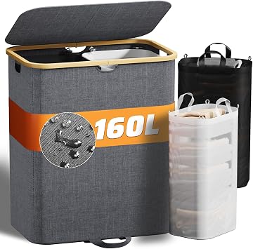 XLHOMO 160L Laundry Hamper with Lid, Double Laundry Hamper with Handles, Laundry Basket Organizer forBathroom, Dirty Clothes Hamper for Bedroom