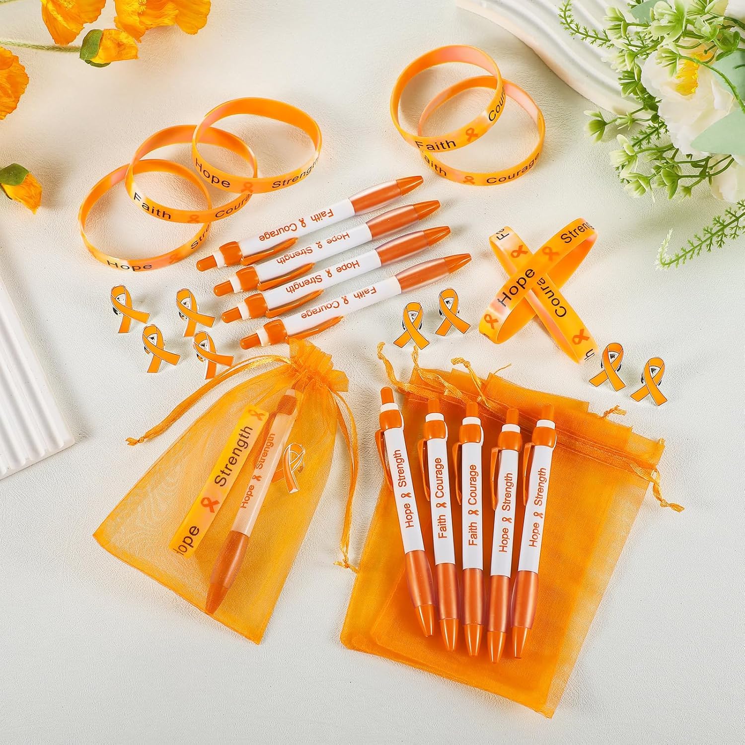 Qilery 120 Pcs Leukemia Awareness Items Gifts Set - Orange Ribbon Lapel Pins, Kidney Cancer Multiple Sclerosis Awareness Bracelets, Hope Strength Retractable Pens, Organza Bag Bulk for Event Charity