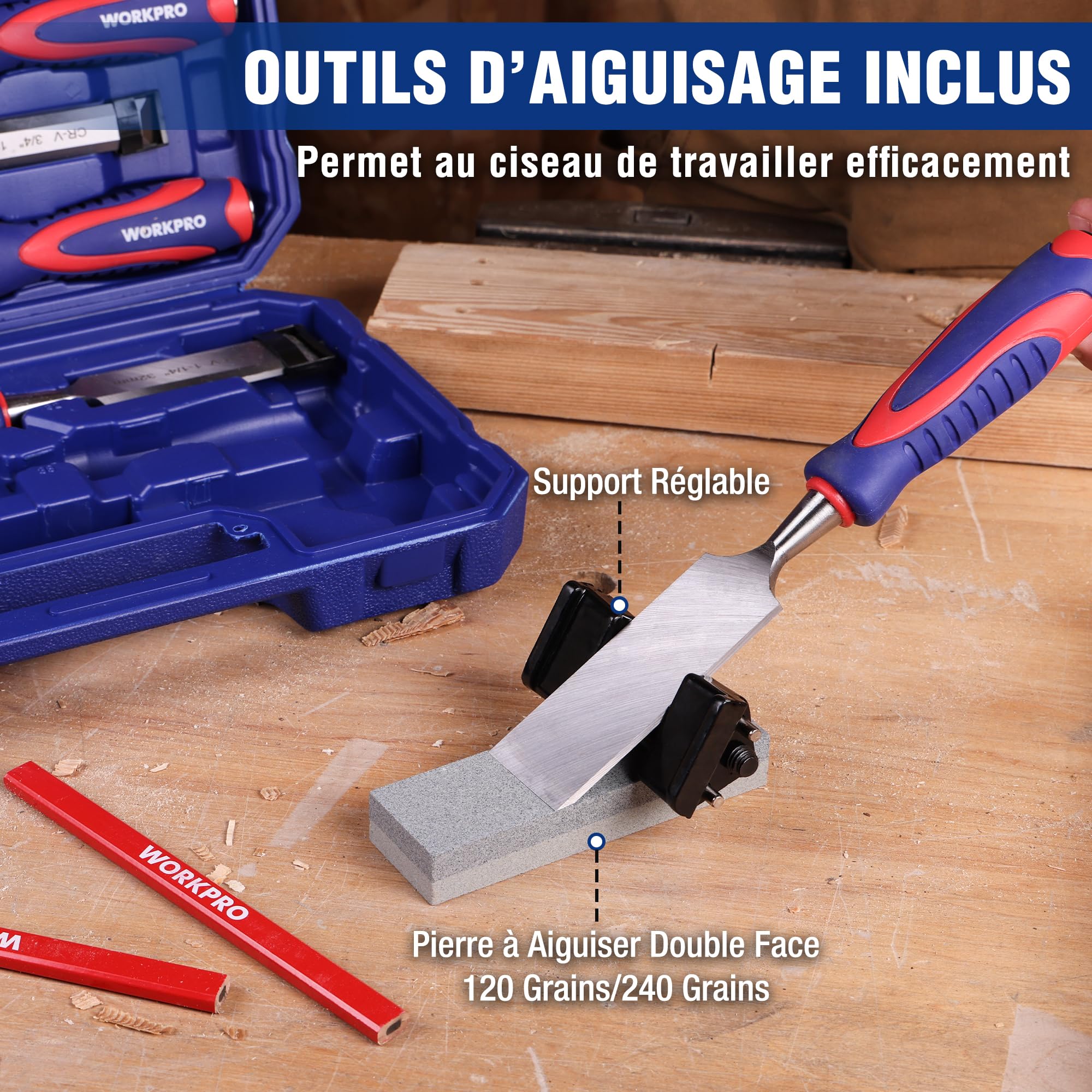 WORKPRO Jeu de 10 Ciseaux à Bois 6/13/19/25/32/38 mm avec Guide d’Affûtage, Pierre à Aiguiser et 2 Crayons, Coffret Ciseaux à Bois avec Manche Ergonomique pour Menuiserie, Sculpture, Travail du Bois