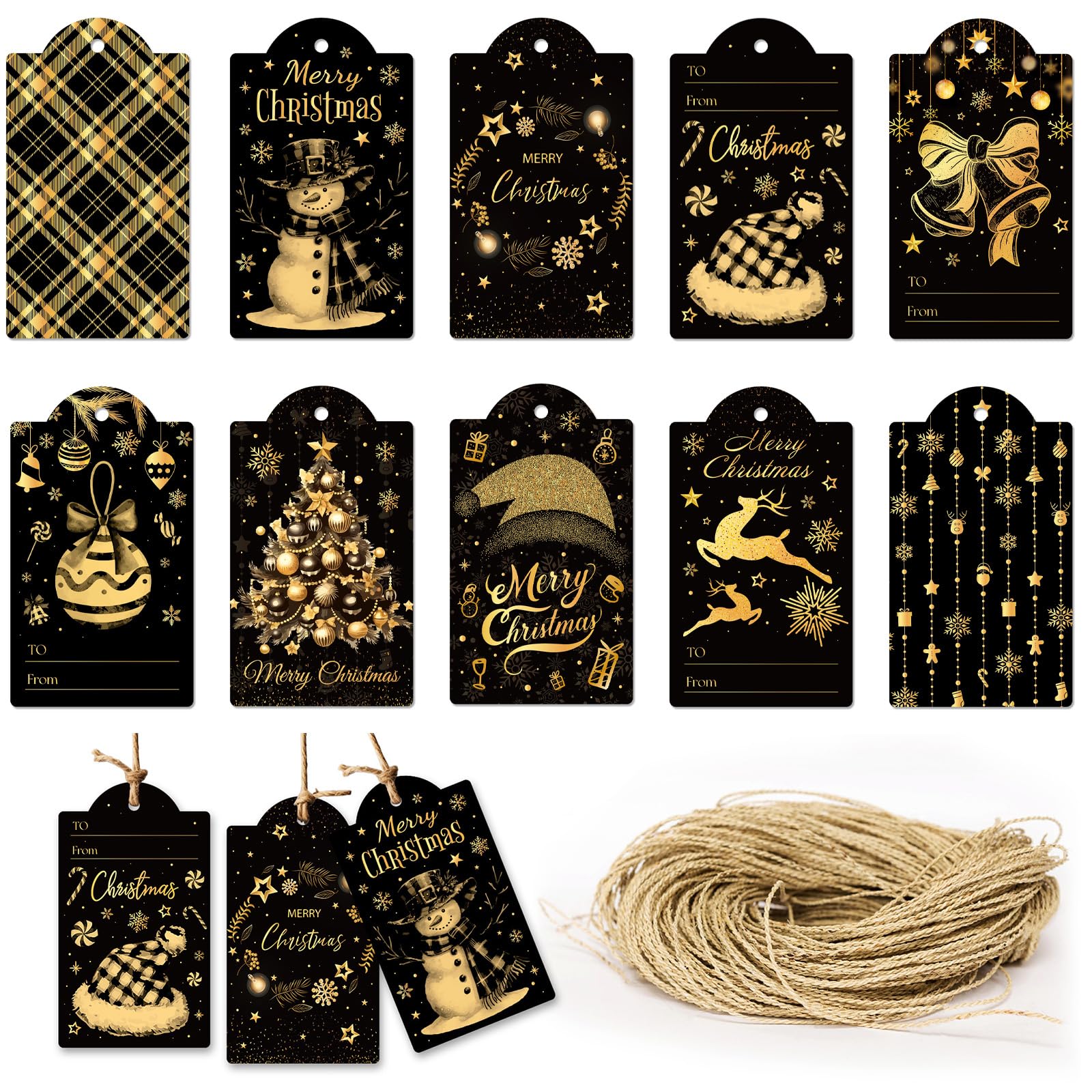 MORAINJAY 60 PCS Christmas Tags, Black Gold Merry Christmas Tags for Presents, Hanging Xmas Gifts Labels with Strings for Wrapping and Xmas Tree Decoration