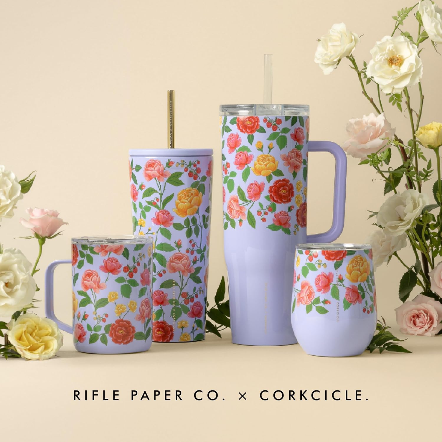 Corkcicle x Rifle Paper Co. Cold Cup Insulated Tumbler with Lid & Straw - Keeps Drinks Cold 12 Hours - Gift for Mom - Great for Mother's Day or Christmas - 24 oz - Roses Purple - Image 8
