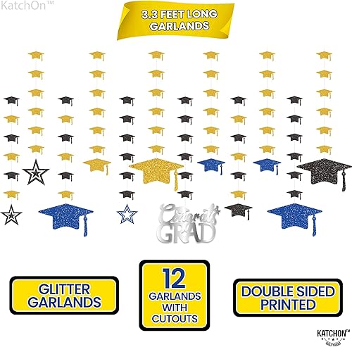 Miniatura 3 de KatchOn, Guirnalda de gorra de graduación con purpurina, 12 cuerdas, sin bricolaje, decoraciones de graduación azules y doradas 2025, decoraciones