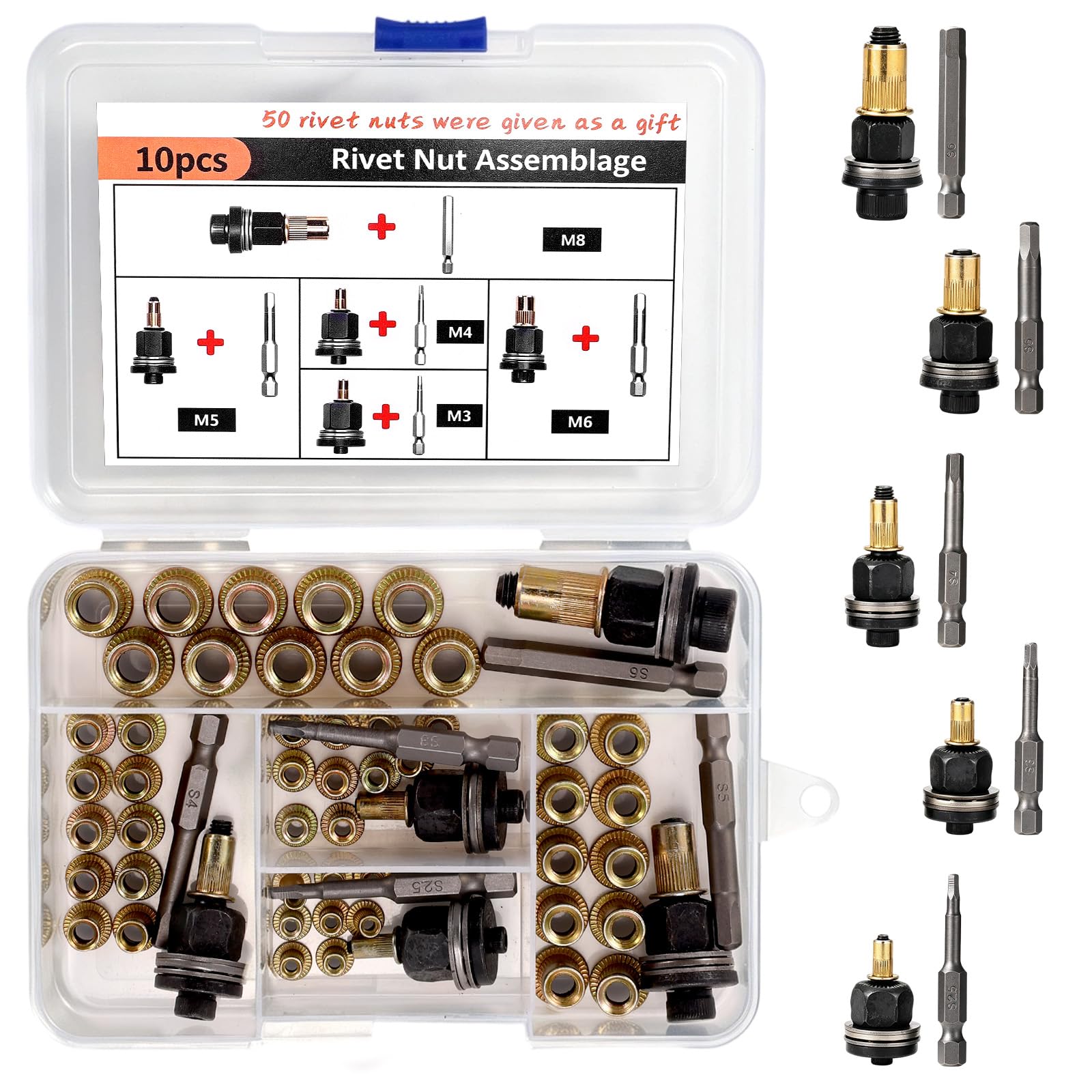 BOXOB 60pcs Rivet Nut Tool Kit, M3 M5 M6 M8 Rivet Nut Setter