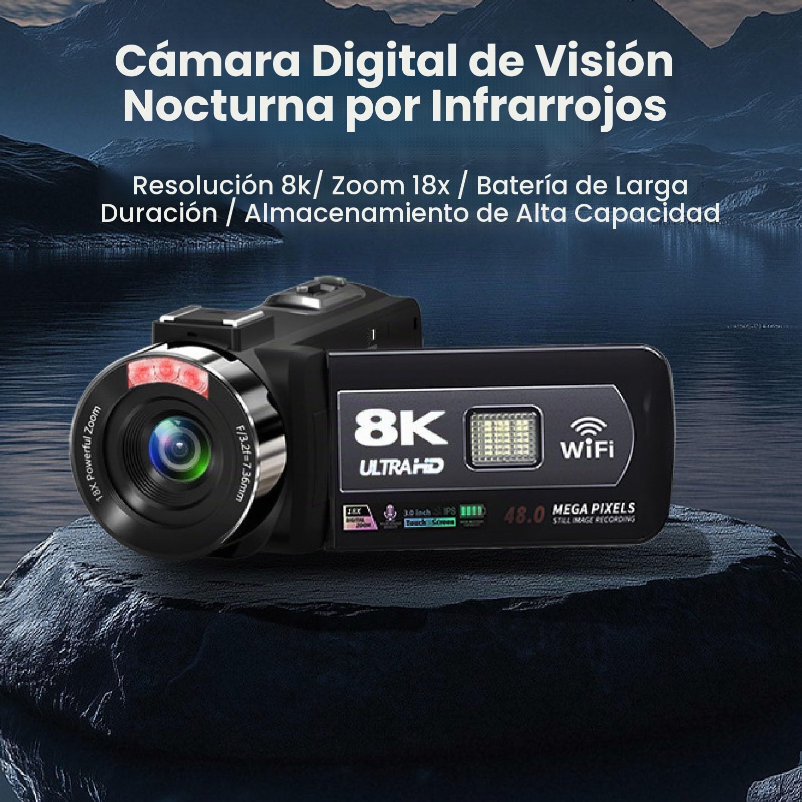 Cámara De Vídeo 8K, Videocámara De 64 MP, Zoom Digital 18X, Enfoque Automático, Visión Nocturna, Cámara para Vlogs con Pantalla Táctil De 3 Pulgadas, Mando A Distancia Bolsa