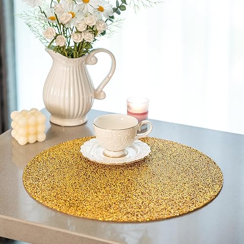 Miniatura 5 de Juego de 4 manteles individuales dorados con diamantes triturados redondos para Halloween, Navidad, para centro de mesa, cocina, fiesta, decoración
