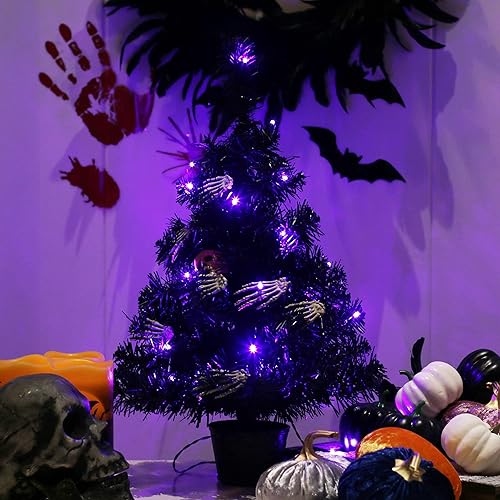 Miniatura 4 de Sunnyglade Mini árbol negro de Halloween de 21.6 pulgadas, 30 luces LED artificiales espeluznantes con luces moradas y cabeza de calavera,