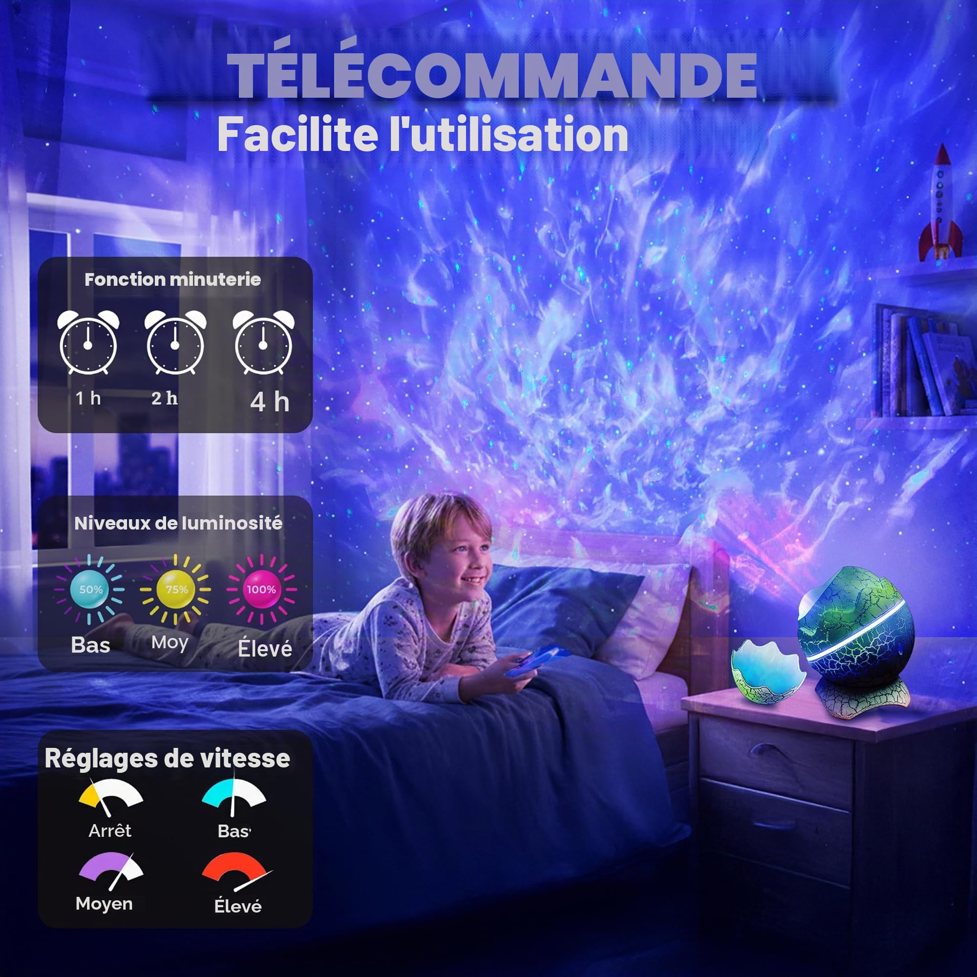 Projecteur d'étoiles Galaxie Œuf de Dinosaure : veilleuse sensorielle avec machine à bruit blanc, Bluetooth et minuterie, lampe à lave, lumières LED pour chambre à coucher, projecteur de plafond