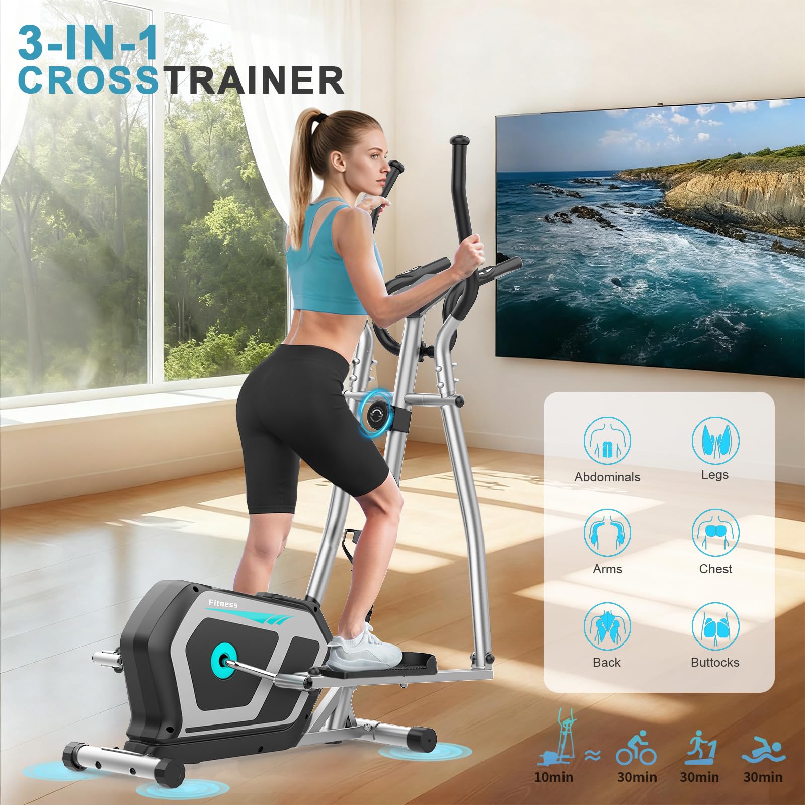 Bicicleta Elíptica,3 en 1 Máquina Elíptica para Casa con 16 Niveles de Resistencia,Monitor LCD, Soporte para Dispositivos,Pedal Antideslizante, Ejercicio Peso máximo 287LBS
