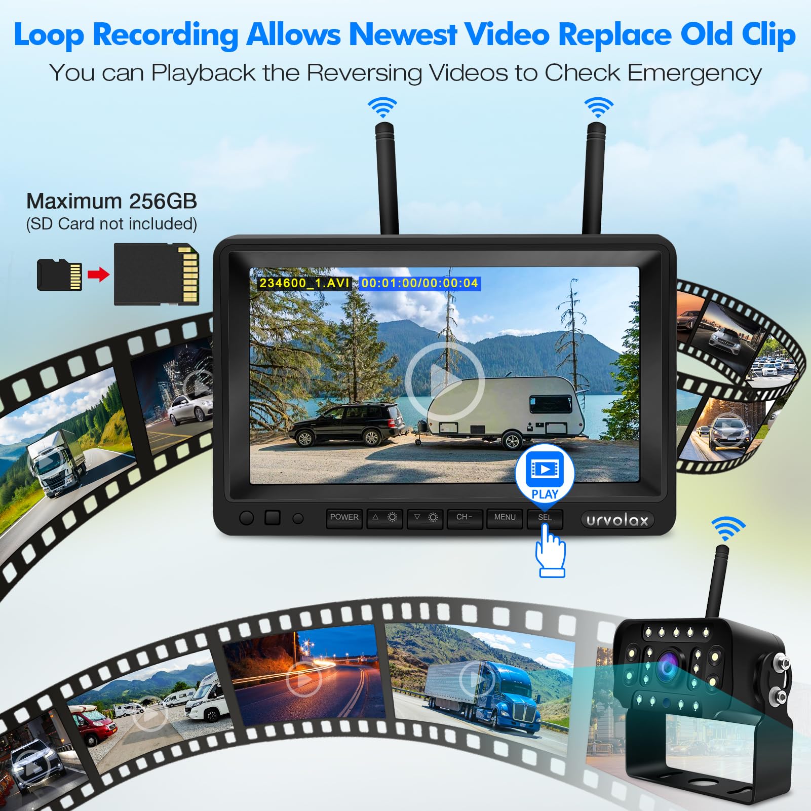 URVOLAX Retrocamera Wireless con Rilevamento AI e Allarme Acustico, Telecamera Posteriore con Monitor, 7" FHD 1080P Kit Sistema di Parcheggio Impermeabile per Camper, Roulotte, Furgoni e Rimorchi