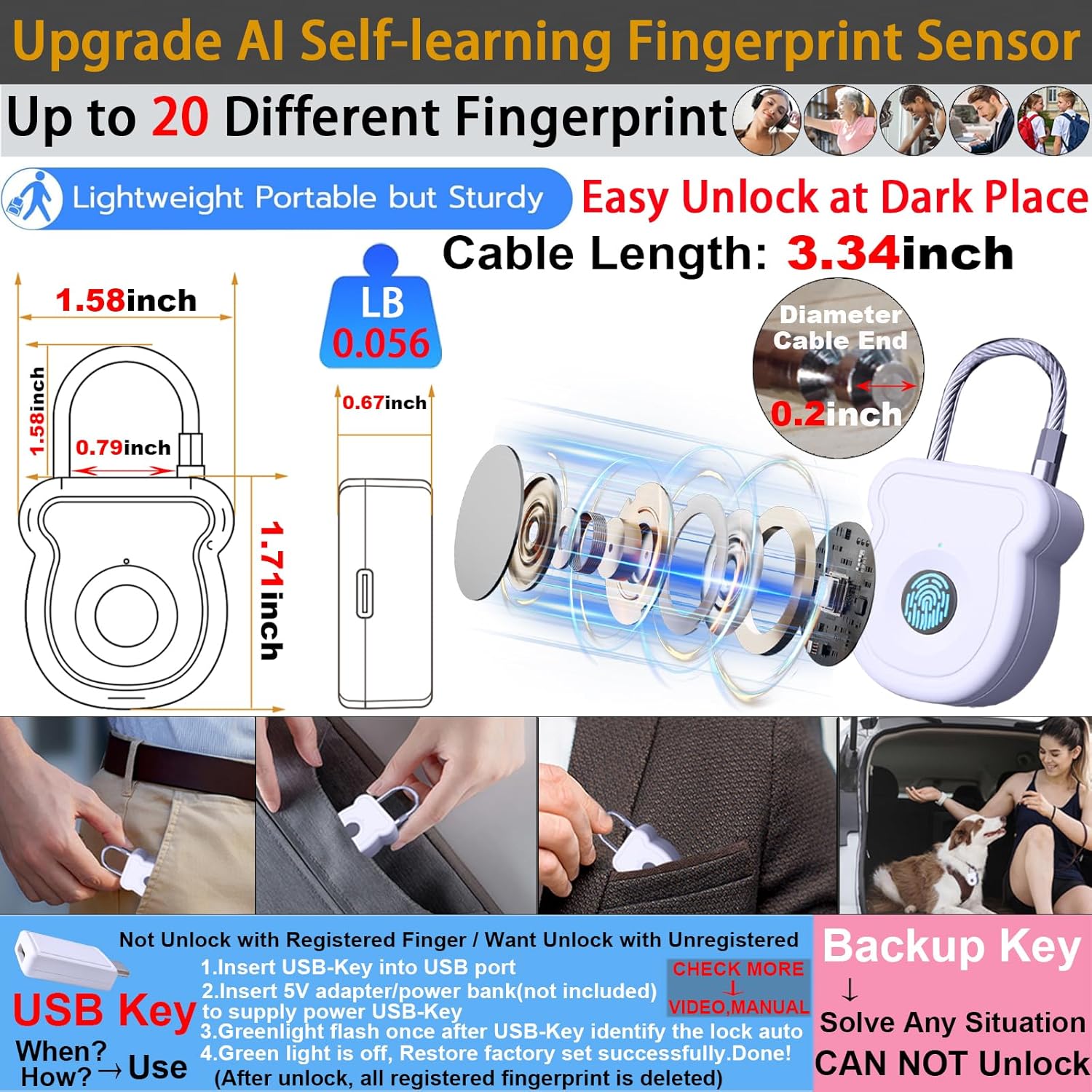 Fingerprint Padlock for Gym Locker, Biometric Keyless Lock 20 User w/USB Key for Luggage Backpack Guncase Toolbox Suitcase Bag + Fingerprint Refrigerator Cable Lock Childproof USB Key Security