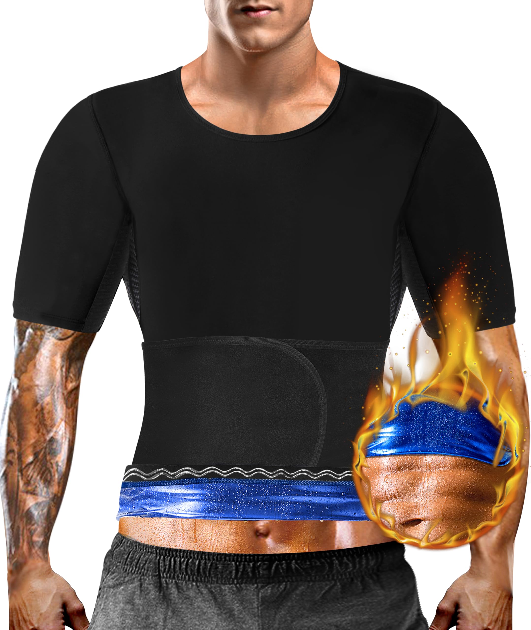 QZSH Sauna Shirt for Men Sweat Suit Slimming Top Heat Trapping Waist Trainer Shapewear, Adjustable Belt,Breathable Armpit