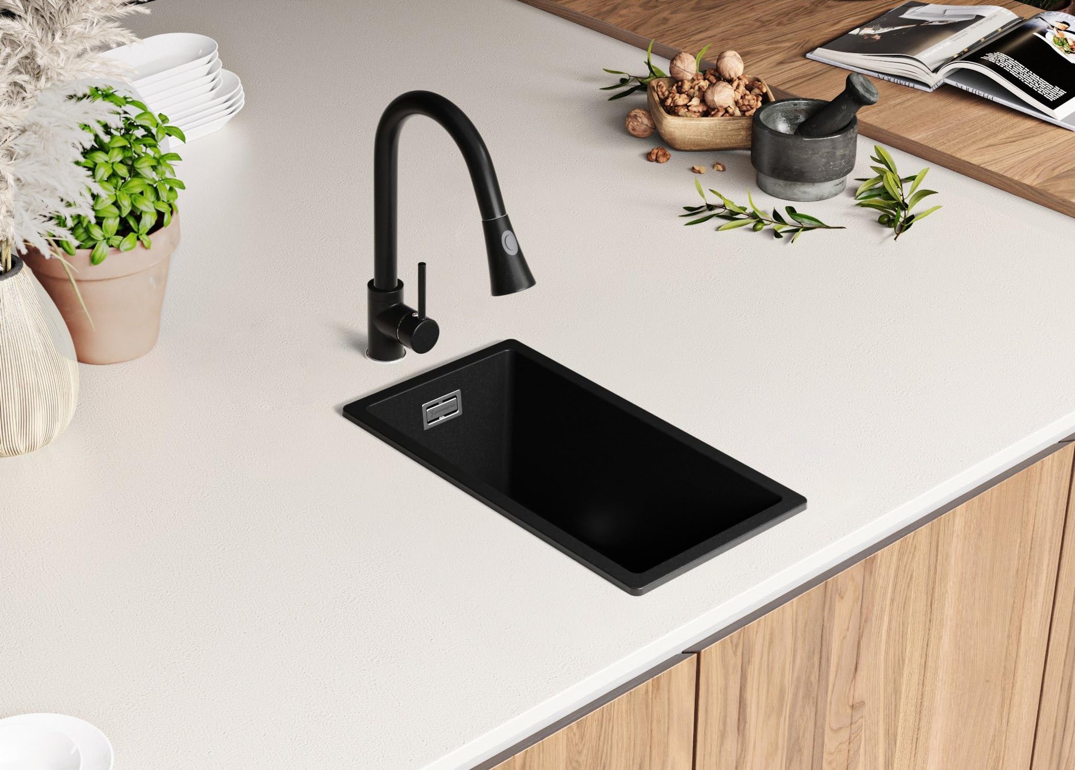PRIMAGRAN Lavello da Cucina Nero 26x47cm, Lavandino in Granito a 1 vasca + Sifone Classico, Lavabo da Cucina Incasso al Mobile 30cm - London Slim S001