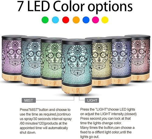 Miniatura 5 de Difusores para aceites esenciales, diseño artístico de calavera de azúcar del día de los muertos, 3.4 fl oz, humidificador ultrasónico silencioso de