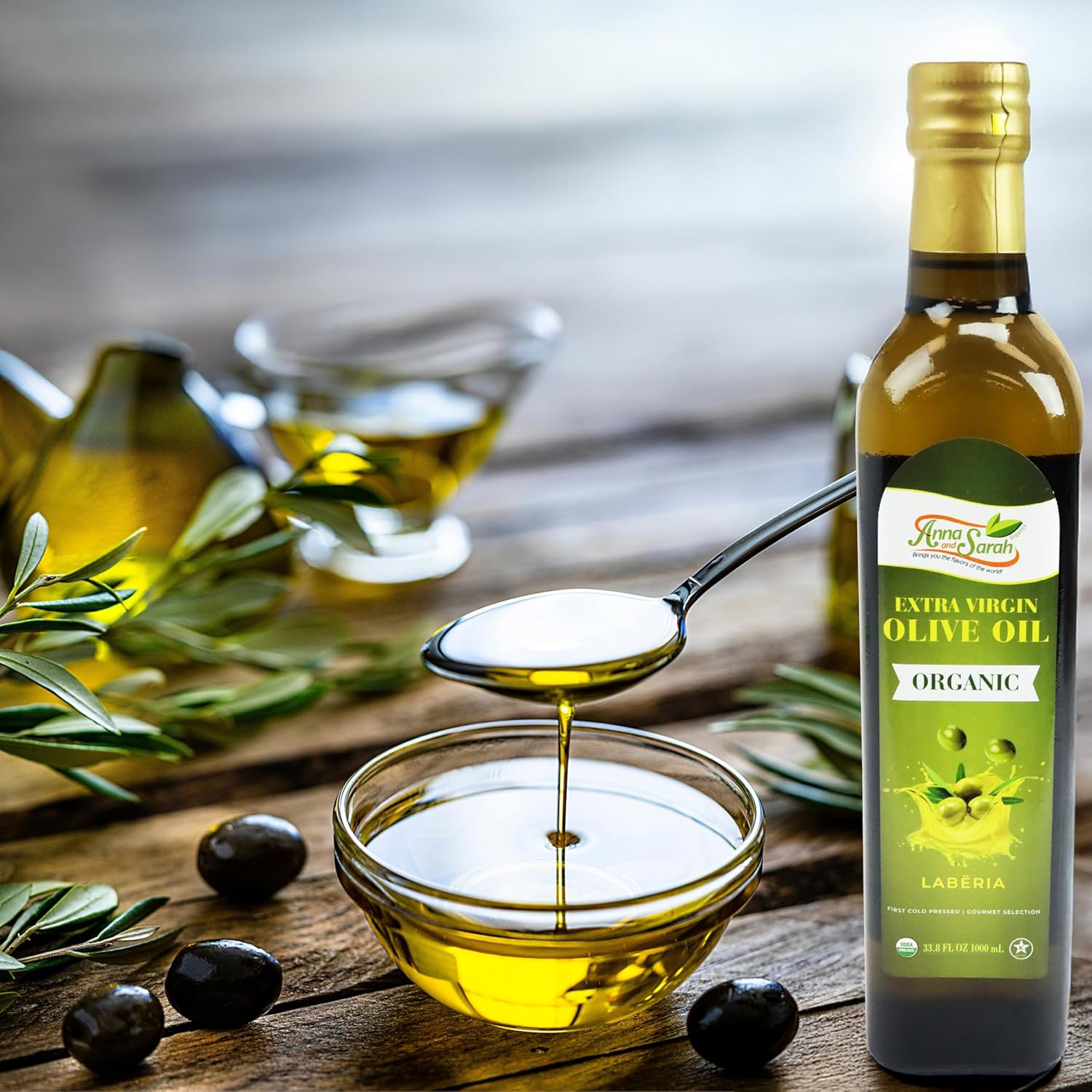 USDA Organic Extra Virgin Olive Oil – 1000ml Glass Jar – Cold Pressed, Kosher Certified, First Cold Press, Premium Quality