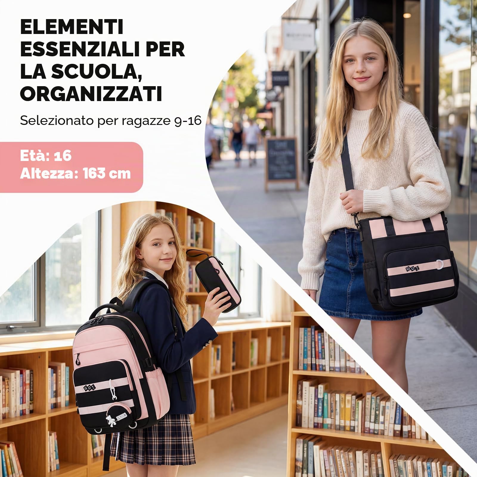 Amythe Zaino Scolastico per Ragazze 10-18 Anni 3 Pezzi - Set Scuola Medio con Zaino, Borsa e Astuccio - Zaini per Ragazze Scuola Media Grande Impermeabile per Porta PC 15 -Rosa | Set scuola - Zaino grande da ragazza + tracolla + astuccio, impermeabile leg