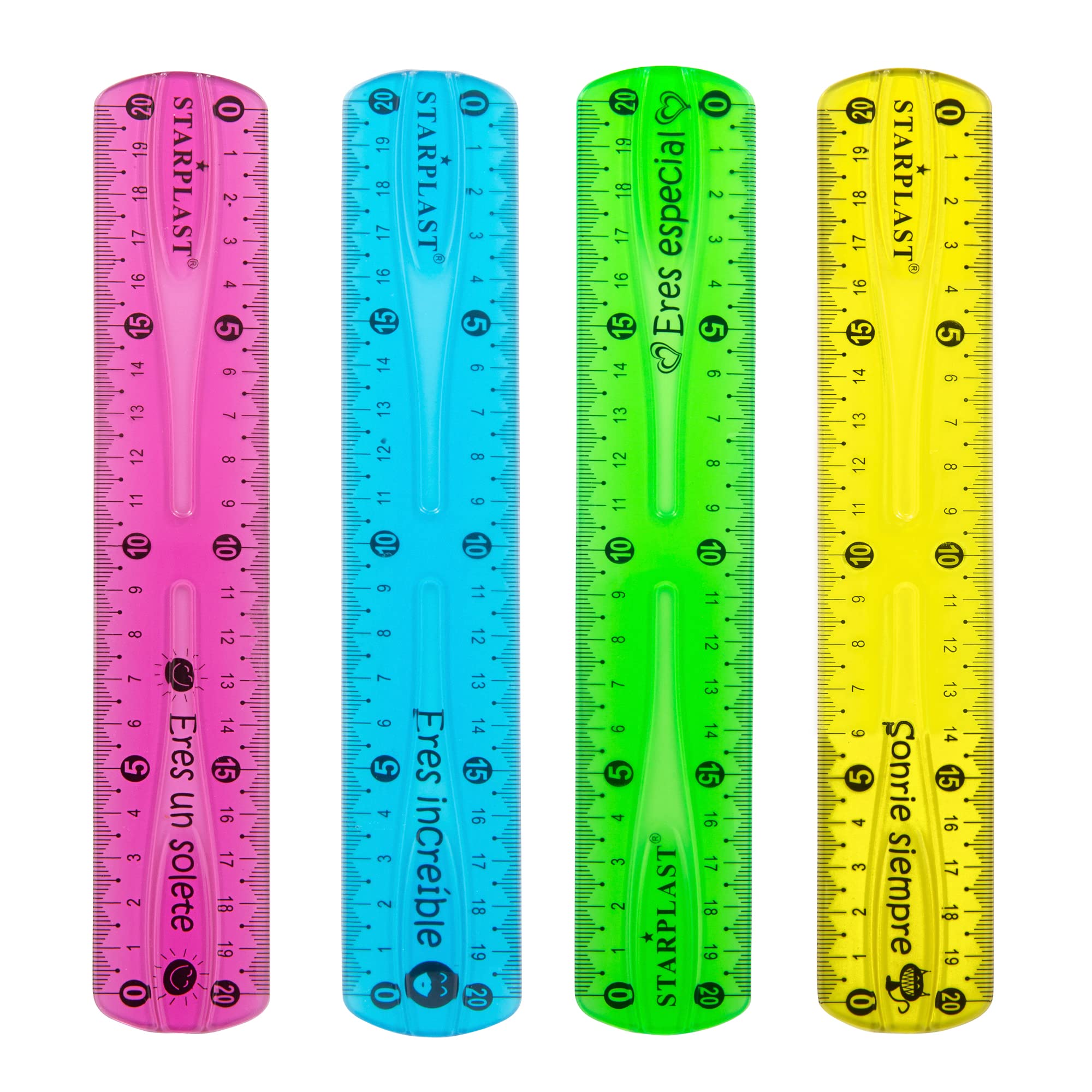 REGLA FLEXIBLE 20 CM STARPLAST - 4 colores, numeración resistente - PACK 4