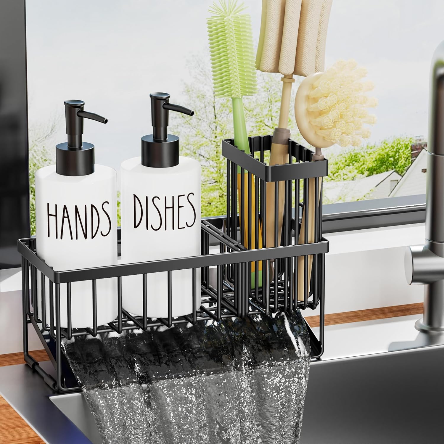 MASADI Kitchen Dish Soap Dispenser Set with Sponge Holder, 12OZ Glass Bottle, Hand and Dish Soap Dispenser Set, Non-Slip Silicone Pad, Brush Holder, Kitchen Sink Organizer Countertop (Black+White) - Image 3