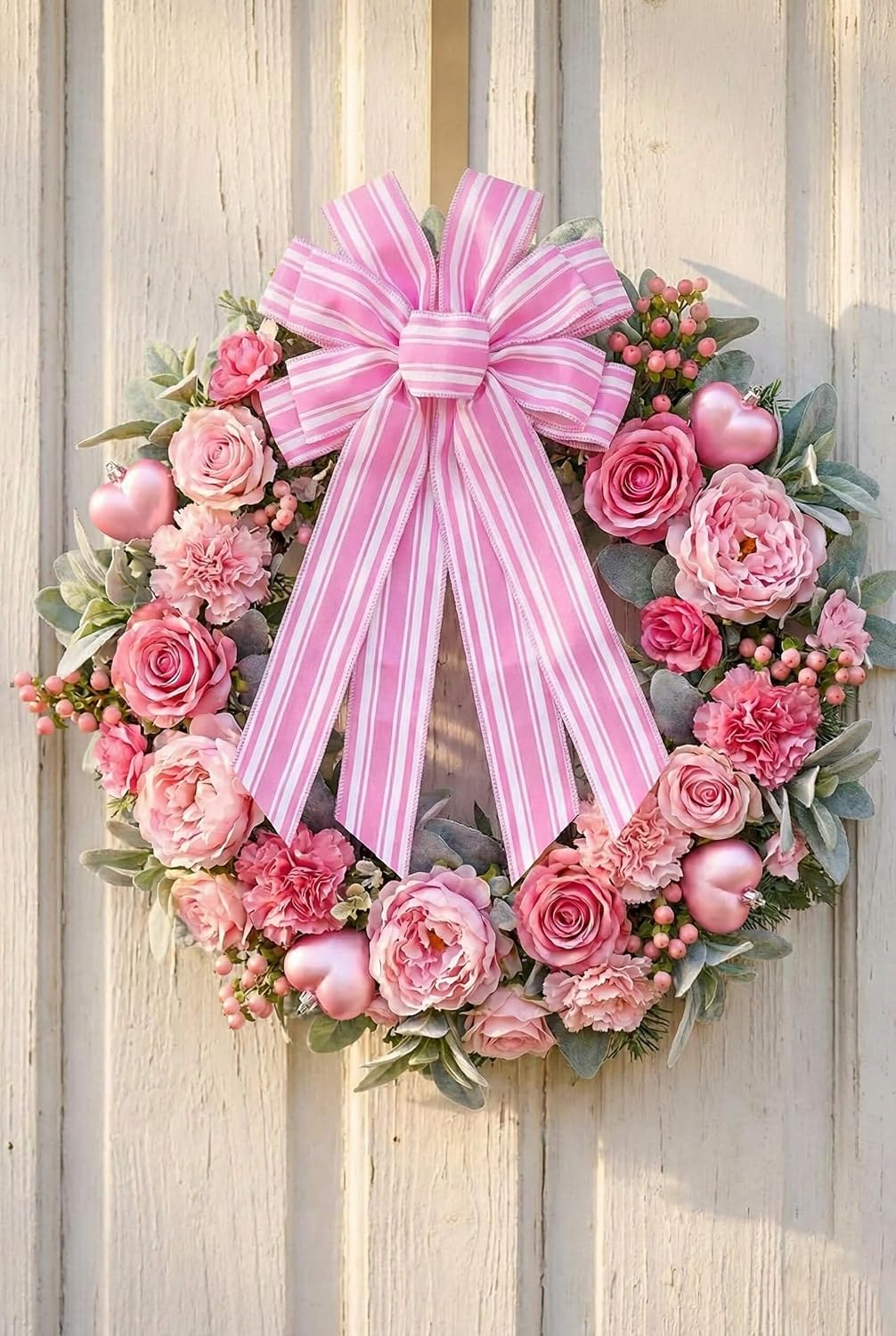Pink White Striped Wreath Bow for Front Door, 20x11 Inch Large Premade Girl Baby Shower Bows, Spring Easter Decorate