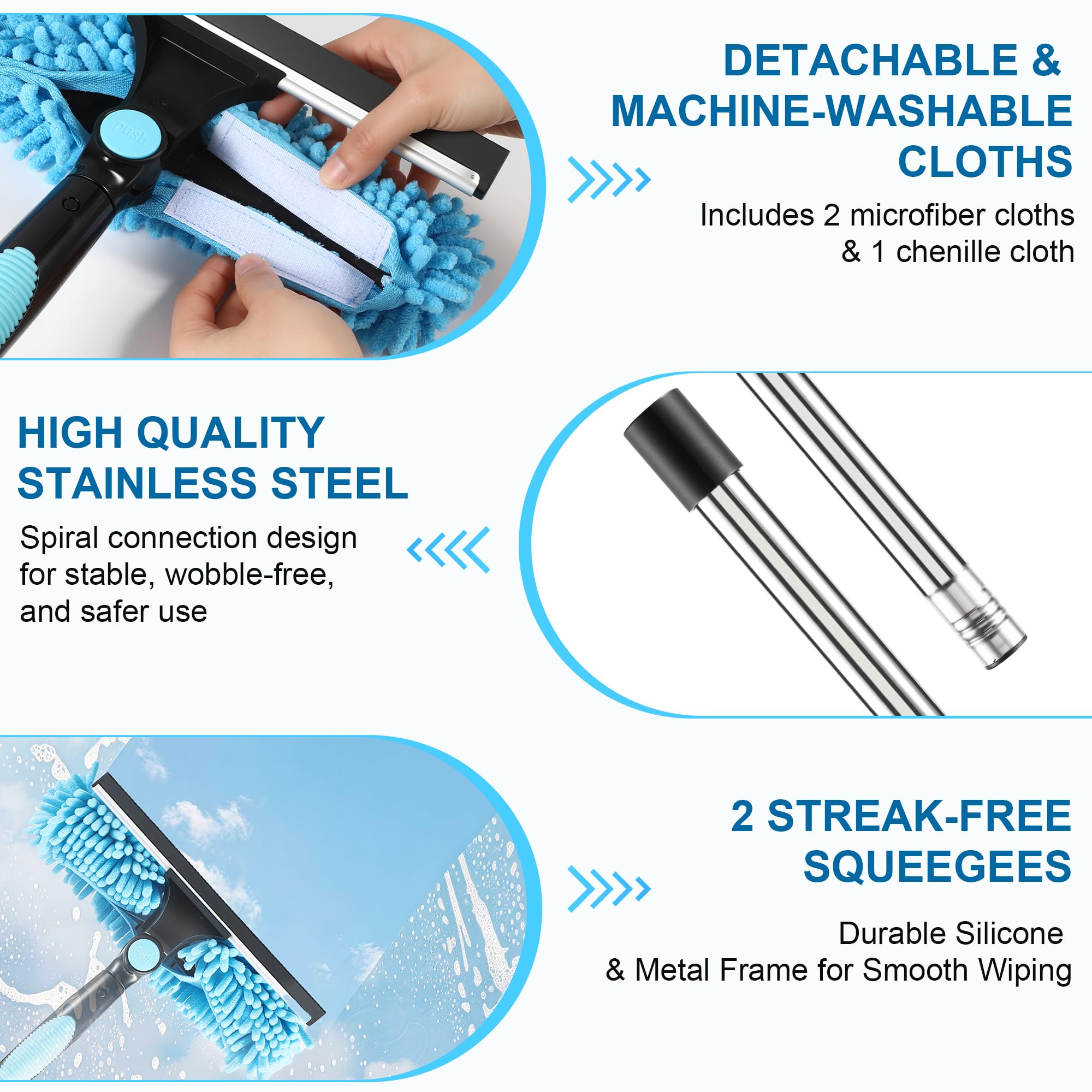 3 en 1 kit Nettoyage vitre 170 cm，Lave vitre telescopiqueavec Manche Long, Mouilleur vitre Professionnel avec Manche Télescopique 4 Sections, pour Fenêtres Hautes, l'Extérieur, Verre，Salle Bain