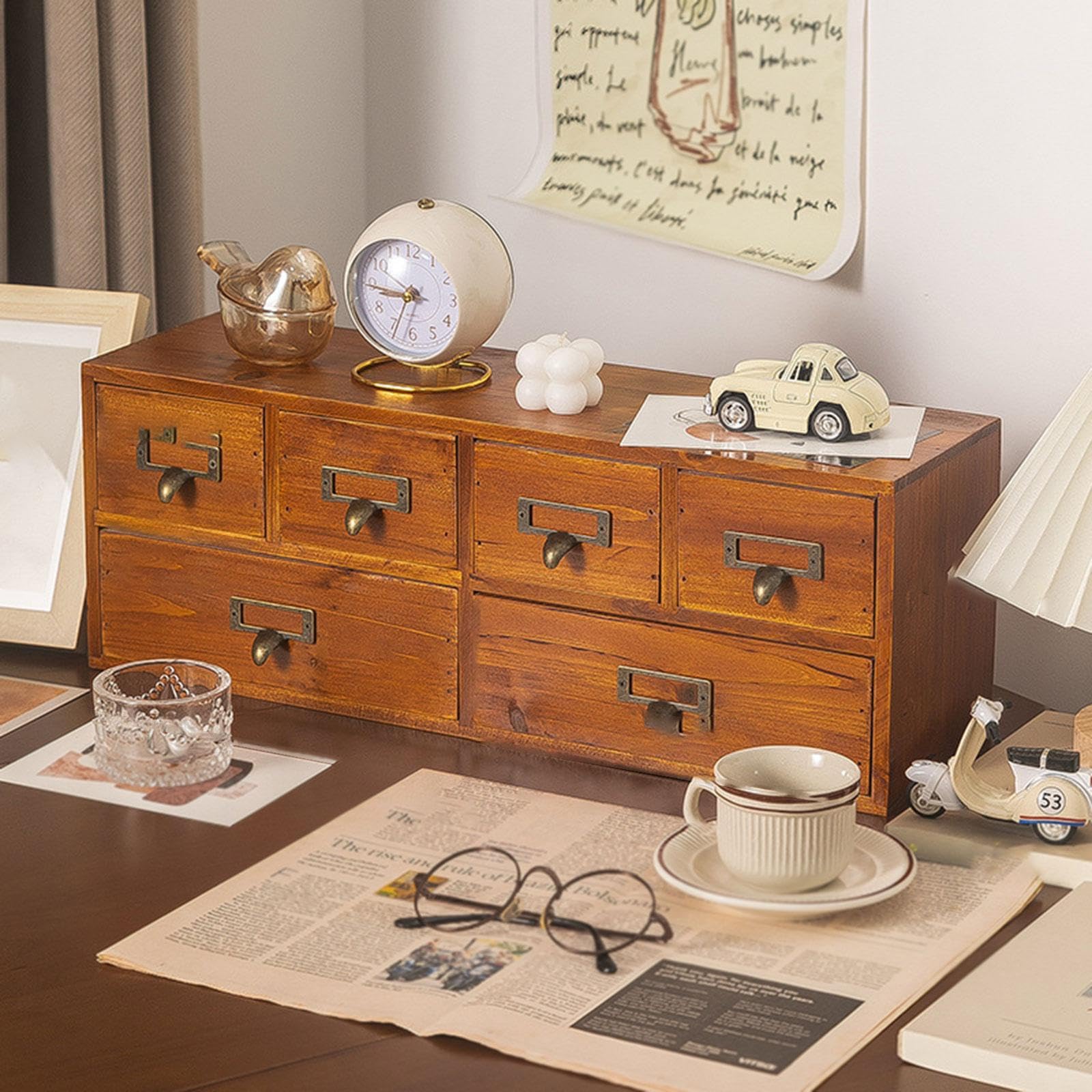 BOKIOESDE Funzionale organizer da scrivania in legno con 6 cassetti per ordinare in modo efficiente articoli per ufficio e oggetti personali a casa. Scatola