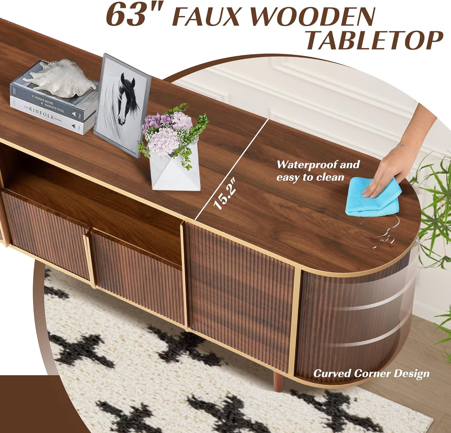 Fluted TV Stand for Living Room, 63" Entertainment Center with Storage for 65/70/75 TVs, Mid-Century Modern Media TV Console Table w/Cabinets, Adjustable & Open Shelves for Bedroom (Brown)