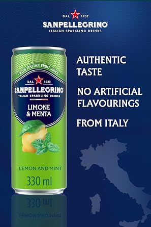 San Pellegrino Italian Sparkling Drinks Tastefully Light Sparkling Lemon & Mint Canned Soft Drink 12 x 330ml, 74 kCals per Can