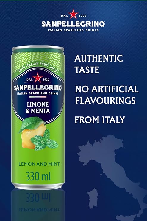 San Pellegrino Italian Sparkling Drinks Tastefully Light Sparkling Lemon & Mint Canned Soft Drink 12 x 330ml, 74 kCals per Can