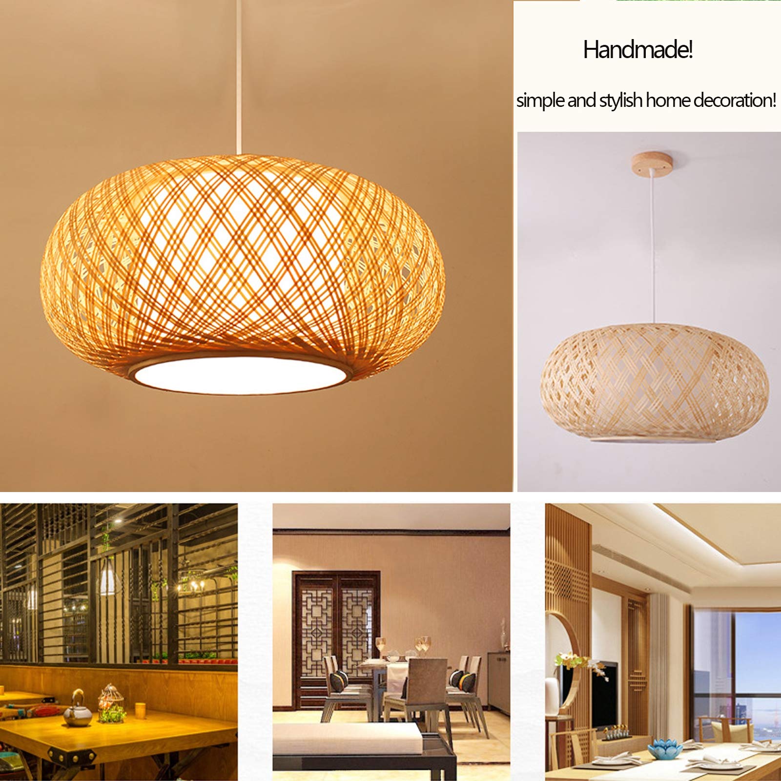 E27 lampa wisząca w stylu retro, naturalny bambus, ręcznie tkana, lampa wisząca, styl vintage, drewno, lampa sufitowa, regulacja wysokości, do jadalni, salonu, sypialni, kuchni, kawiarni, 50 cm