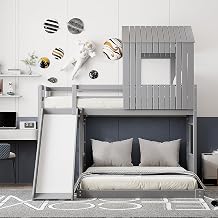 Harper & Bright Designs Twin Over Full Floor Bunk Bed with Slide and Ladder,Kids Wood House Bunk Bed Frame with Safety Guardrails,Roof and Window,Gray