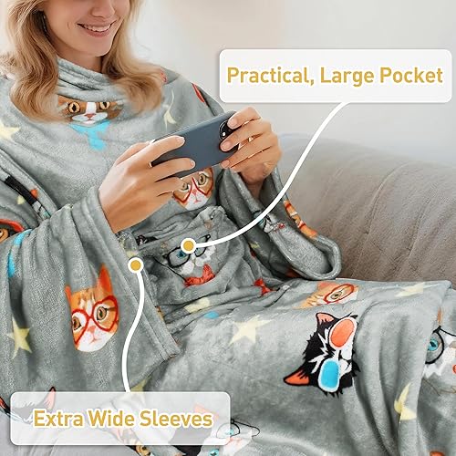 Miniatura 5 de Catalonia Manta de vellón para llevar puesta, con mangas y compartimientos para los pies, para mujeres y hombres, manta de microfelpa cómoda y