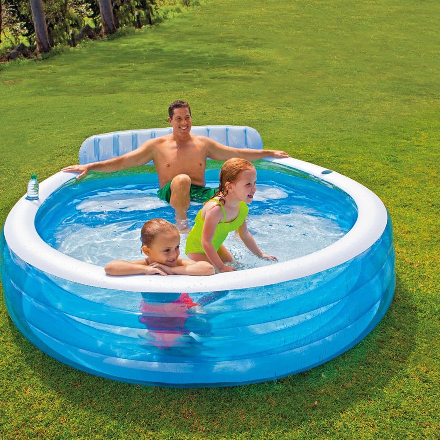 INTEX Swim Center Inflatable Family Lounge Pool: Built-In Bench – Cup Holder – 156 Gallon Capacity – 90"x86"x31" Bundled with 120V Electric Air Pump