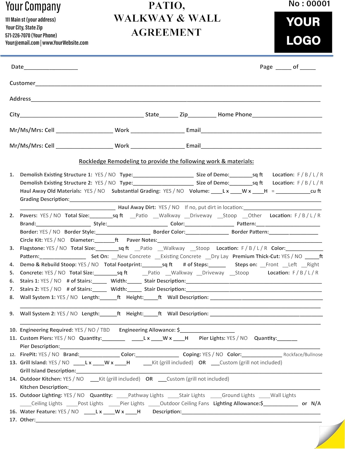 Patio Agreement Custom Printed with Your Company Information - Patio Walkway & Wall Contract - Patio Contractor Company Contract, 2 Part NCR Form