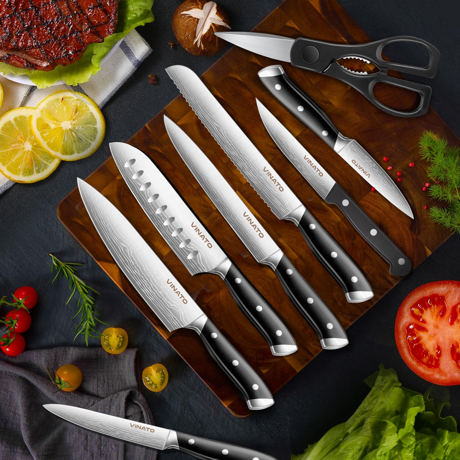 VINATO Couteau Cuisine, Set Couteau Cuisine 14 pièces avec aiguiseur, Set de couteaux de cuisine avec optique damassée, Bloc à couteaux avec couteau tranchant Profi Kochmesserset