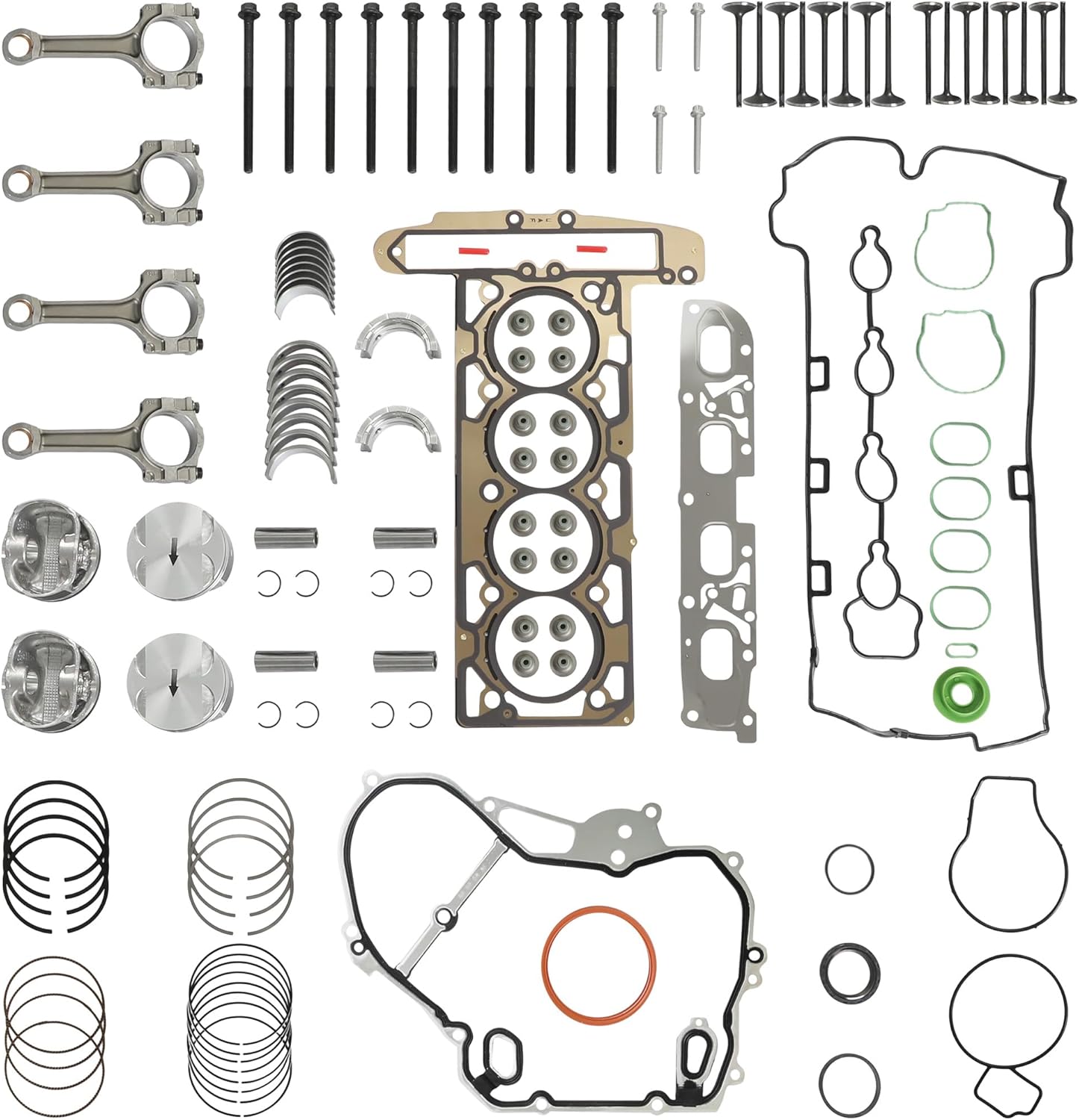Ecotec 2.4 Full Gasket Set with Piston Rings & Connecting Rods Kit Fit for Chevrolet Captiva Equinox Malibu Impala Cobalt GMC Terrain Buick Lacrosse Regal Verano 2.4L 2006-2017 Replace# HS26517PT