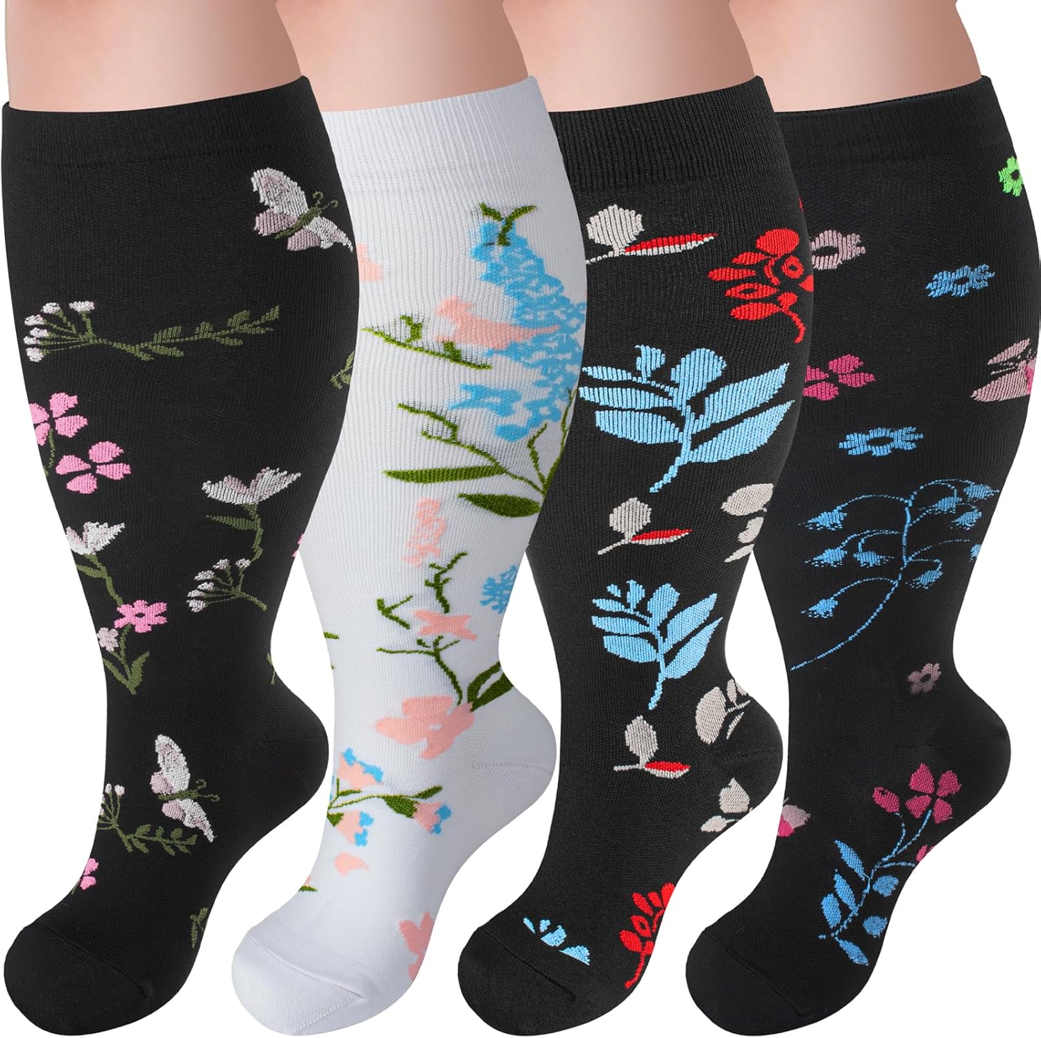 4 Pairs Plus Size Compression Socks,Extra Wide Calf 20-30 mmHg Knee High Compression Socks for Men Women Circulation XX-Large C-flowers