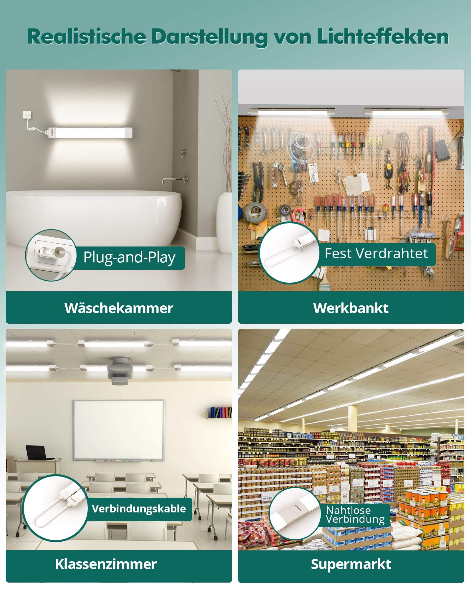 KUKUMAO Feuchtraumleuchte LED Mit Stecker, 36W 120CM Röhre, 4000K Werkstatt Deckenleuchte, IP66 Deckenleuchte, 4000LM Leuchten für Garage Werkstatt Keller Bad [Energieklasse F+]
